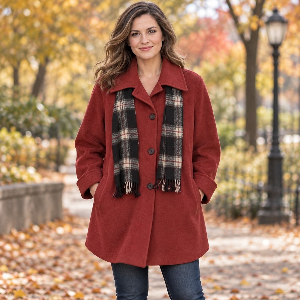 London Fog Women's Large Red Coat Plaid Scarf Button Front Jacket